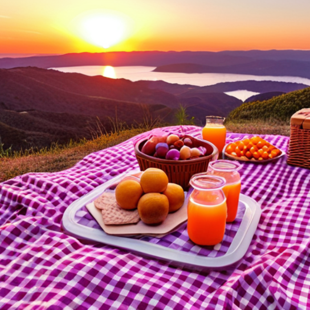 **Romantic picnic at sunset:** "Romantic picnic spread on a checkered blanket overlooking a panoramic view at Sunset Point, featuring a beautiful sunset with orange, pink, and purple hues."