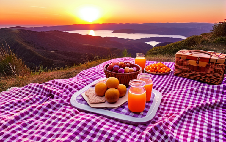 **Romantic picnic at sunset:** "Romantic picnic spread on a checkered blanket overlooking a panoramic view at Sunset Point, featuring a beautiful sunset with orange, pink, and purple hues."