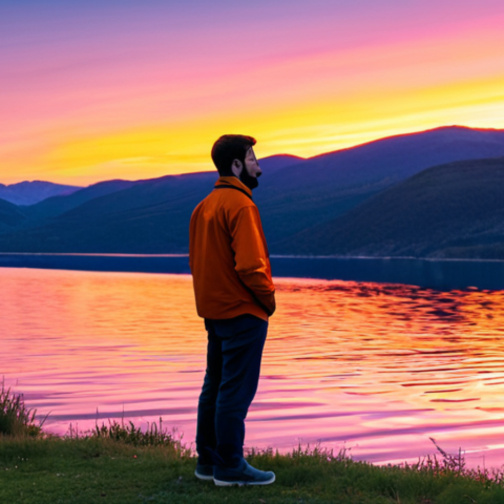 A solitary individual, fully clothed in modest, comfortable outdoor attire, stands at 'Sunset Point', gazing out at a breathtaking, vibrant sunset. The sky is a symphony of intense oranges, soft pinks, and deep purples, reflecting on a tranquil body of water below. The scene evokes a deep sense of peace and awe, with the individual in a natural, contemplative pose. The composition is a professional shot, capturing perfect anatomy, correct proportions, and well-formed hands. safe for work, appropriate content, fully clothed, family-friendly, high quality photography.