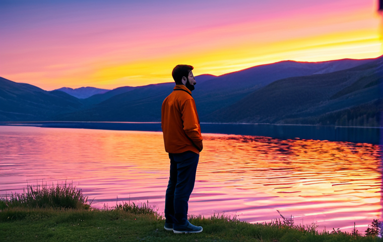 A solitary individual, fully clothed in modest, comfortable outdoor attire, stands at 'Sunset Point', gazing out at a breathtaking, vibrant sunset. The sky is a symphony of intense oranges, soft pinks, and deep purples, reflecting on a tranquil body of water below. The scene evokes a deep sense of peace and awe, with the individual in a natural, contemplative pose. The composition is a professional shot, capturing perfect anatomy, correct proportions, and well-formed hands. safe for work, appropriate content, fully clothed, family-friendly, high quality photography.