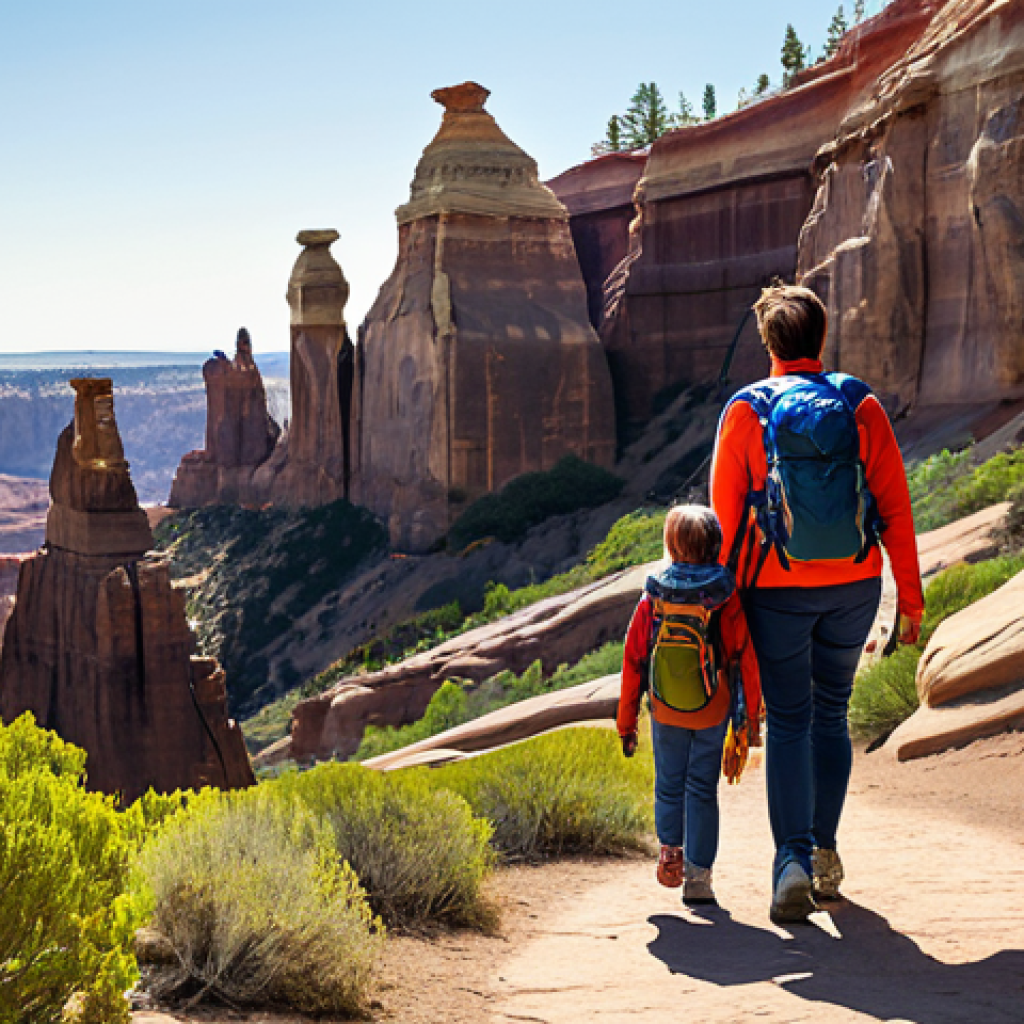 "A family hiking on a well-maintained trail in Sunset Point National Park, surrounded by unique sandstone rock formations, fully clothed in hiking gear, appropriate attire, safe for work, perfect anatomy, natural proportions, daytime, bright sunny weather, professional photography, high quality."