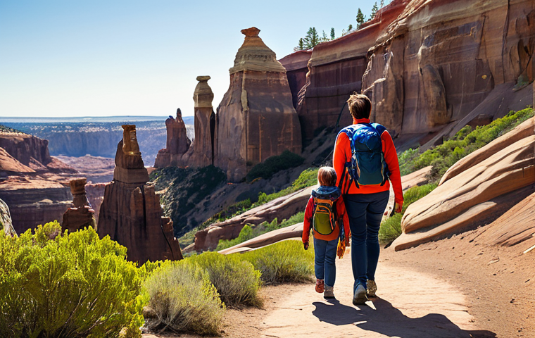 "A family hiking on a well-maintained trail in Sunset Point National Park, surrounded by unique sandstone rock formations, fully clothed in hiking gear, appropriate attire, safe for work, perfect anatomy, natural proportions, daytime, bright sunny weather, professional photography, high quality."