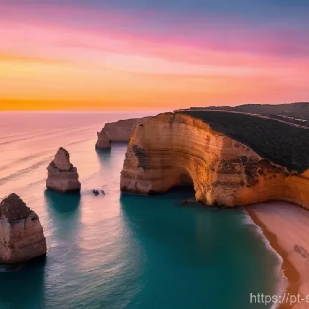 선셋포인트 드론 촬영 - **Golden Hour Embrace on Algarve Cliffs:**
    An aerial drone shot captured during the golden hour,...