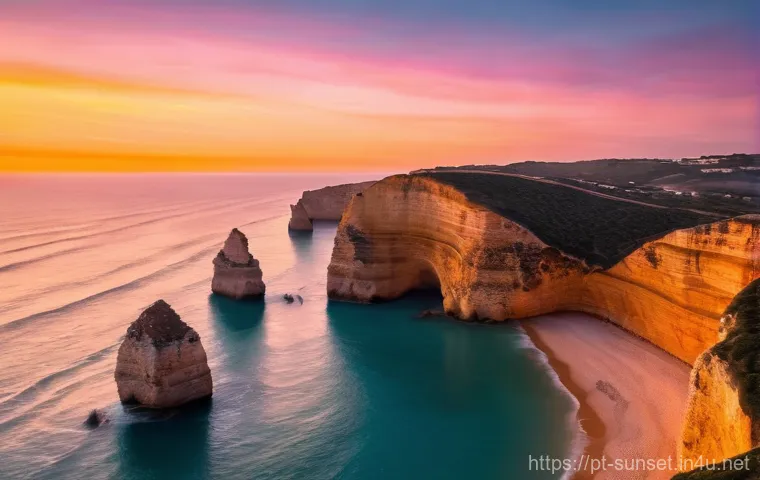 선셋포인트 드론 촬영 - **Golden Hour Embrace on Algarve Cliffs:**
    An aerial drone shot captured during the golden hour,...