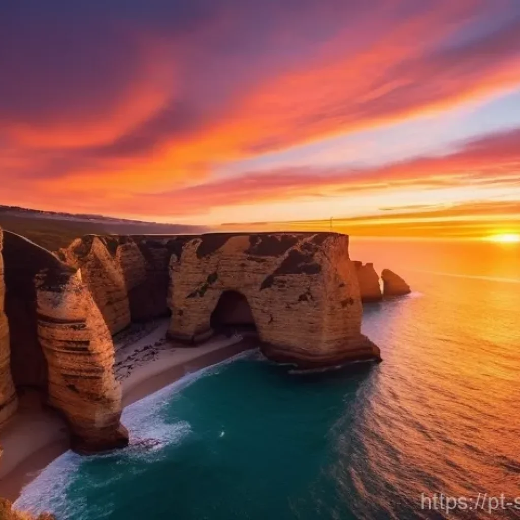 선셋포인트 바위 위에서의 선셋 - **Prompt:** A breathtaking wide-angle shot of a majestic sunset over a rugged coastal cliff in Portu...