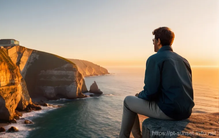 선셋포인트 바위 위에서의 선셋 - **Prompt:** A breathtaking wide-angle shot of a majestic sunset over a rugged coastal cliff in Portu...