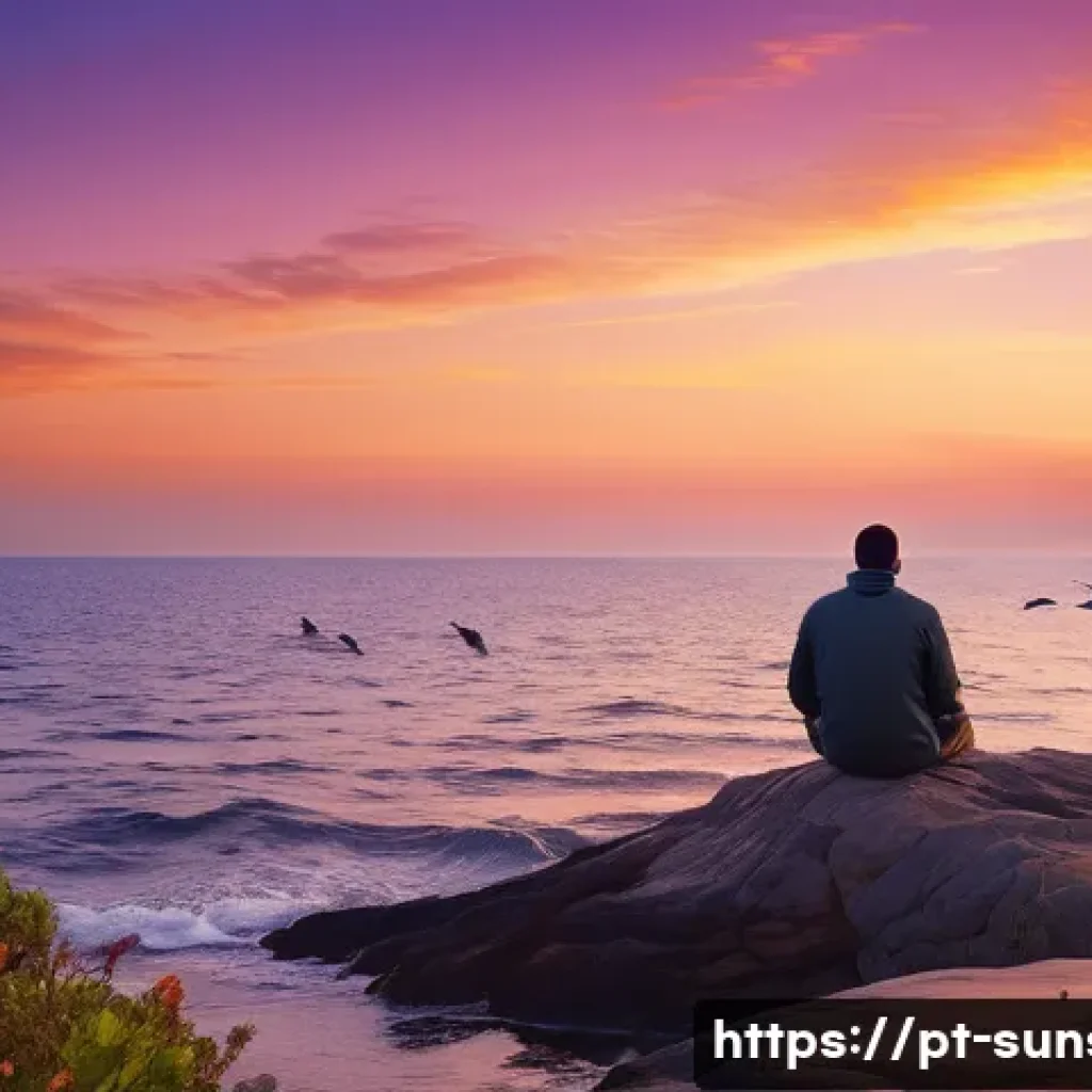 선셋포인트 바다 위에서 보는 일몰 - A tranquil coastal sunset scene at "Sunset Point," featuring a diverse palette of warm orange, pink,...