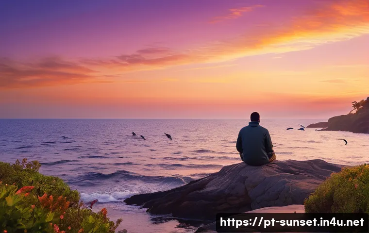 선셋포인트 바다 위에서 보는 일몰 - A tranquil coastal sunset scene at "Sunset Point," featuring a diverse palette of warm orange, pink,...
