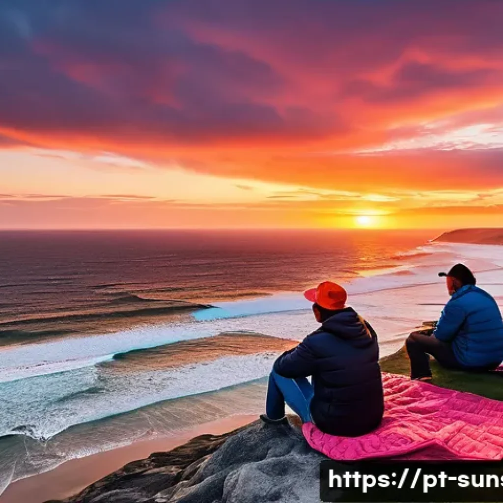 선셋포인트 풍경을 즐기는 법 - A breathtaking sunset scene at a coastal viewpoint, featuring a vivid sky painted with warm orange, ...
