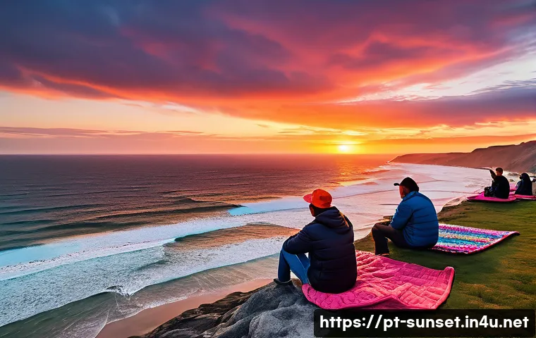 선셋포인트 풍경을 즐기는 법 - A breathtaking sunset scene at a coastal viewpoint, featuring a vivid sky painted with warm orange, ...