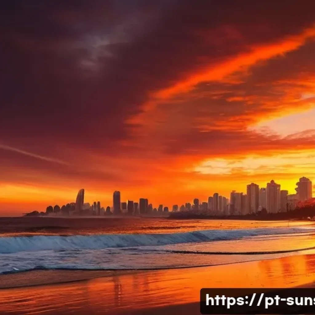 선셋포인트 다채로운 선셋 색깔 - A breathtaking sunset scene over a serene Brazilian beach with vibrant orange and red hues dominatin...