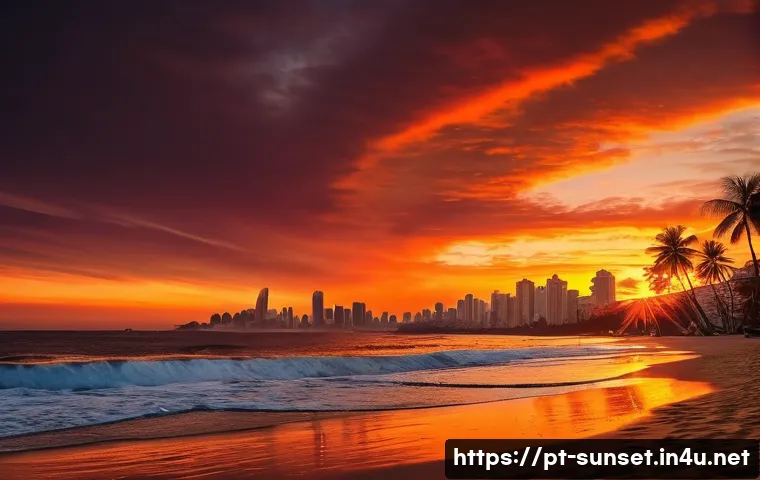 선셋포인트 다채로운 선셋 색깔 - A breathtaking sunset scene over a serene Brazilian beach with vibrant orange and red hues dominatin...