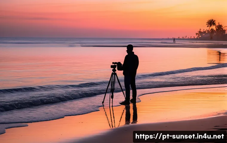 선셋포인트 사진 잘 찍는 법 - A serene beach at golden hour just after sunrise, featuring warm soft sunlight casting long shadows ...