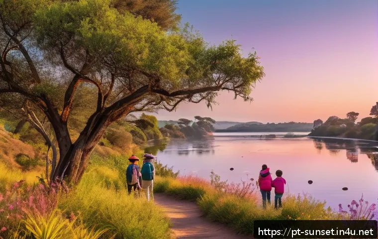 선셋포인트 명소에서의 가족 여행 - A panoramic view of Sunset Point at golden hour, showcasing vibrant native vegetation and colorful b...