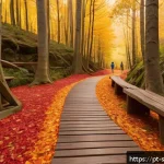 Home 18 선셋포인트 가을 일몰 - A serene autumn hiking trail near Sunset Point in Portugal, featuring a carpet of colorful fallen le...