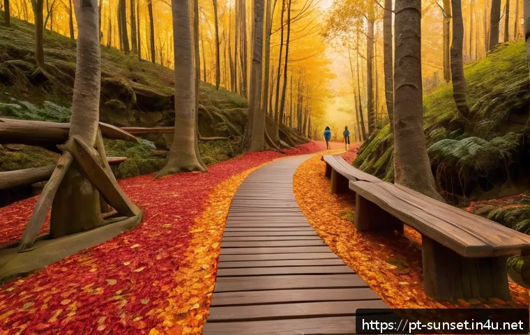 선셋포인트 가을 일몰 - A serene autumn hiking trail near Sunset Point in Portugal, featuring a carpet of colorful fallen le...
