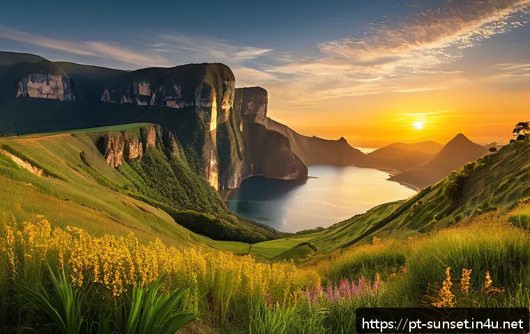선셋포인트 다큐멘터리 촬영지 - A breathtaking sunset scene at Sunset Point in Brazil, featuring dramatic golden light casting long ...