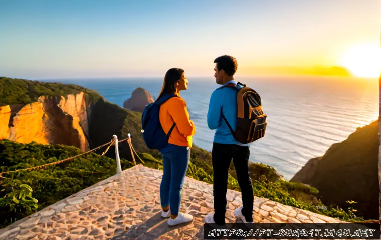Home 17 선셋포인트 여행 패키지 - Photorealistic travel package scene at a dramatic coastal sunset viewpoint, a Brazilian Portuguese-s...