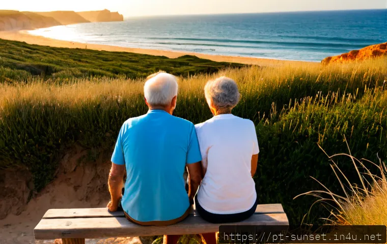선셋포인트 자연과 함께하는 여유 - Photorealistic sunset viewpoint on Portugal’s Algarve coast, an older couple in casual summer clothi...