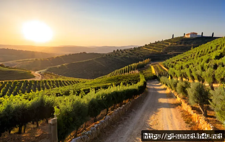 선셋포인트 농촌에서 보는 일몰 - Photorealistic wide landscape of a peaceful Portuguese countryside sunset, viewed from a rustic hill...